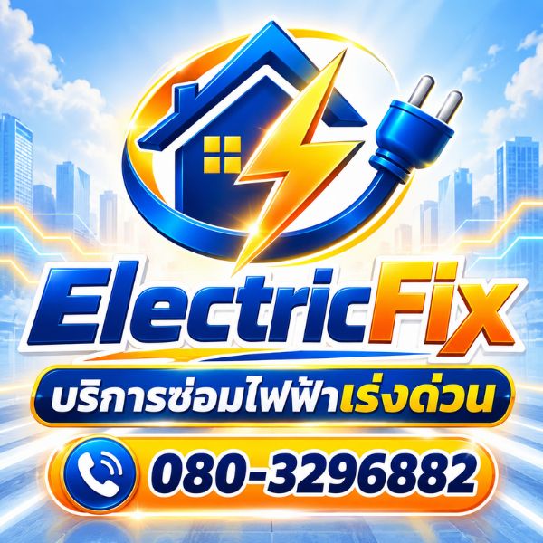 โลโก้ ElectricFix บริการซ่อมไฟฟ้าเร่งด่วน ตรวจเช็คระบบไฟฟ้า แก้ไขปัญหาไฟดับ ไฟช็อต ไฟรั่ว เบรกเกอร์ตัด เดินสายไฟใหม่ และติดตั้งอุปกรณ์ไฟฟ้า สำหรับบ้าน อาคาร ร้านค้า และสำนักงาน