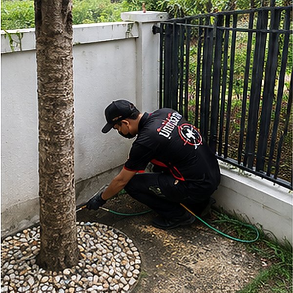 ทางเดินดินของปลวกบนผนังปูนและเสาบ้าน